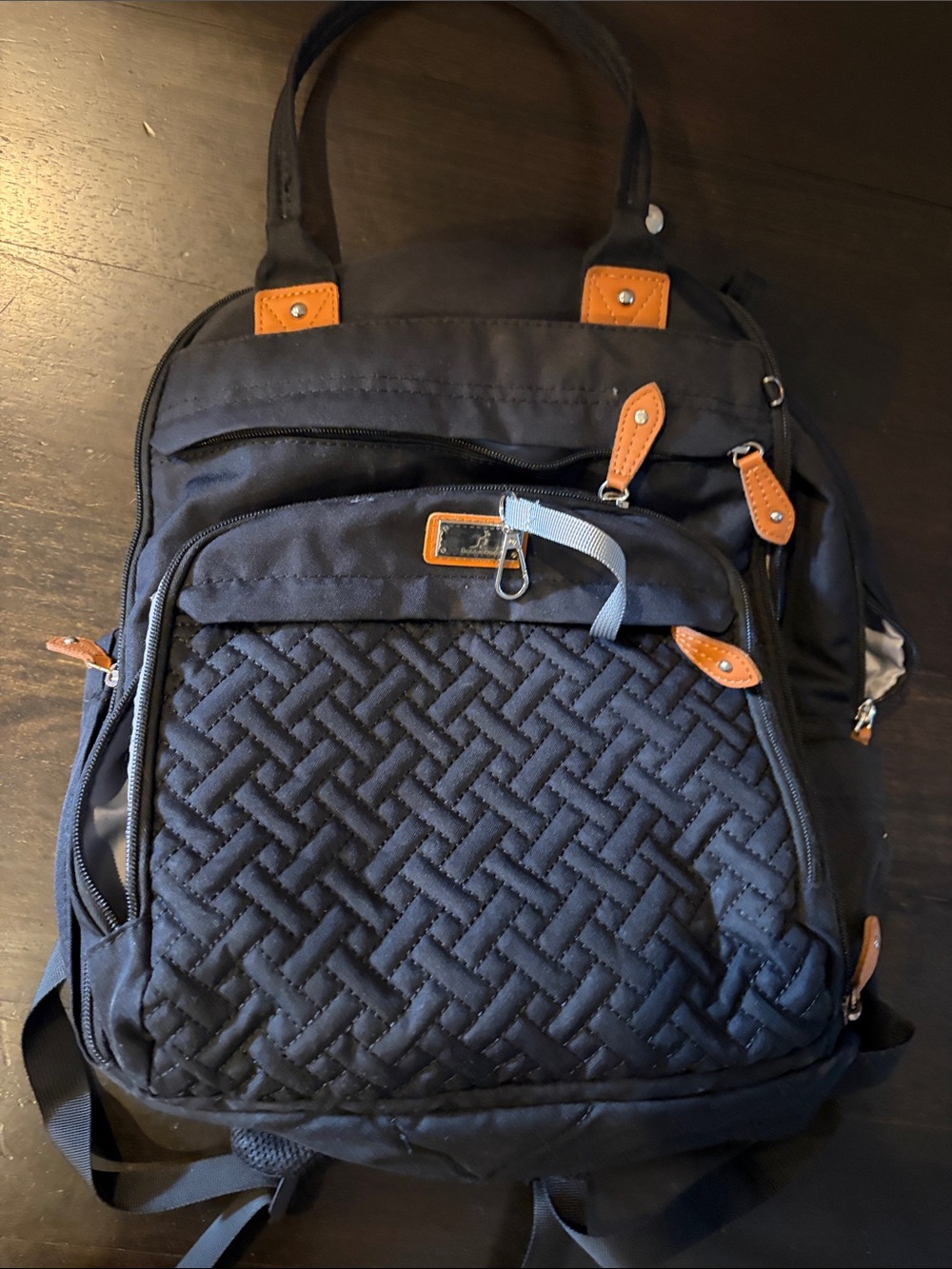 Amazon Navy Quilted Backpack with Tan Accents